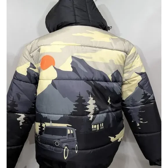 NEW Reason Scenic Puffer Jacket Hooded Cabin Mountain Car Outdoor Print Men XXL